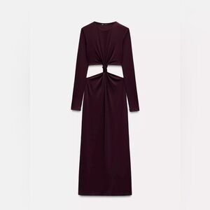 ZARA Burgundy Cut Out Knot Dress Midi Bodycon Long Sleeve Size Large